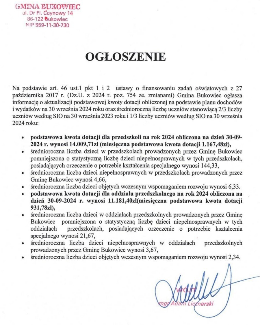 Aktualizacja podstawowej kwoty dotacji dla przedszkoli od 1.11.2024r. do 31.12.2024r..pdf.jpeg